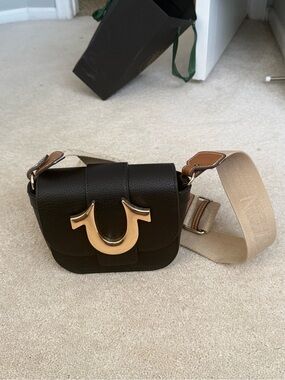 True Religion Black Leather Crossbody with Gold Horseshoe and Beige Strap